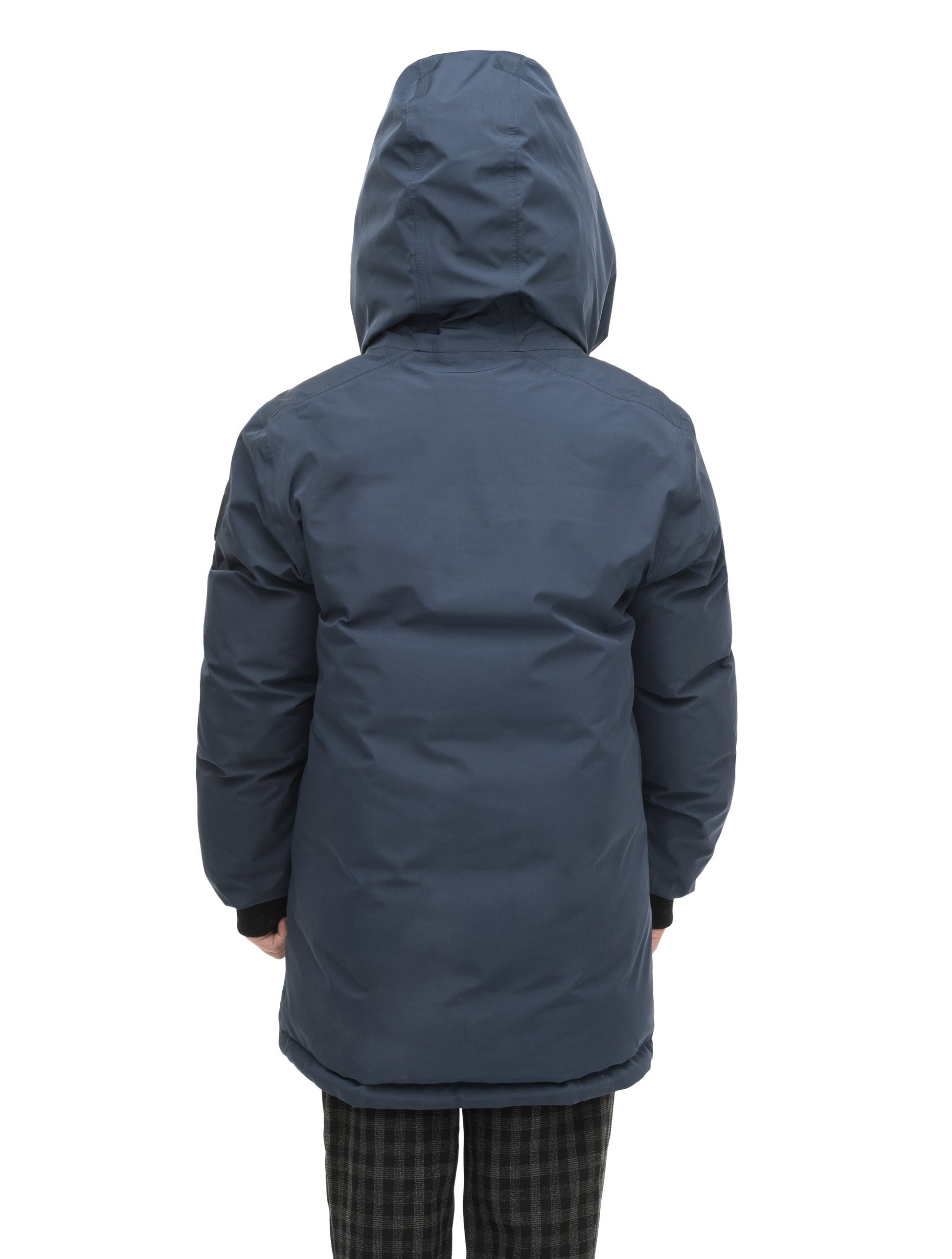 Kids' reversible knee length, down filled parka with waterproof finish in Marine/Citron