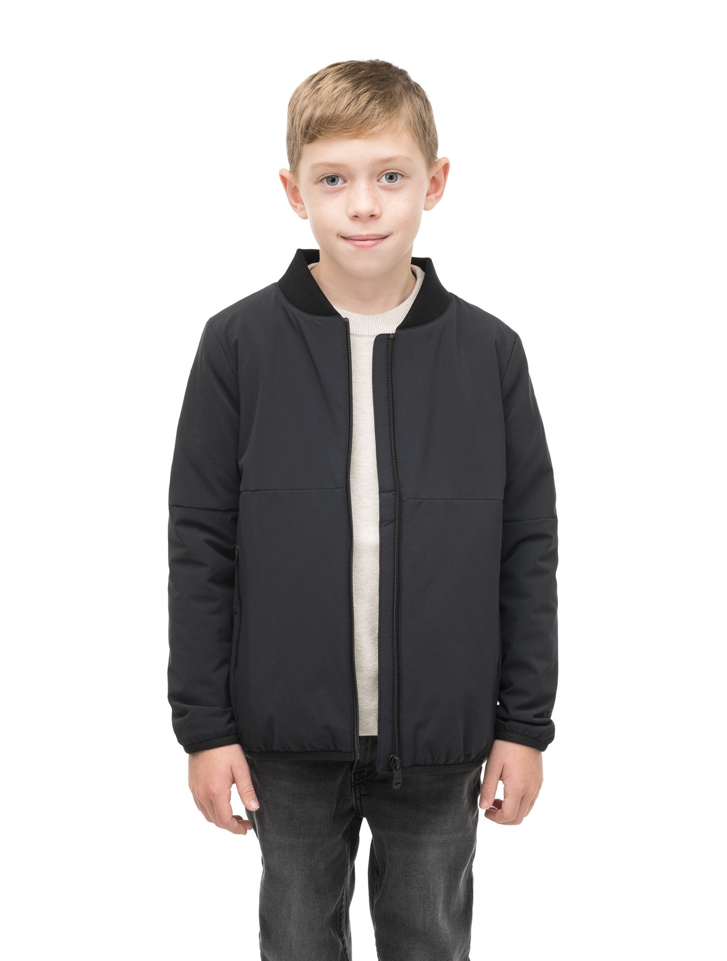 Little Ursa Kids Mid Layer Jacket in hip length, Primaloft Gold Insulation Active, ribbed collar, and two-way front zipper, in Black