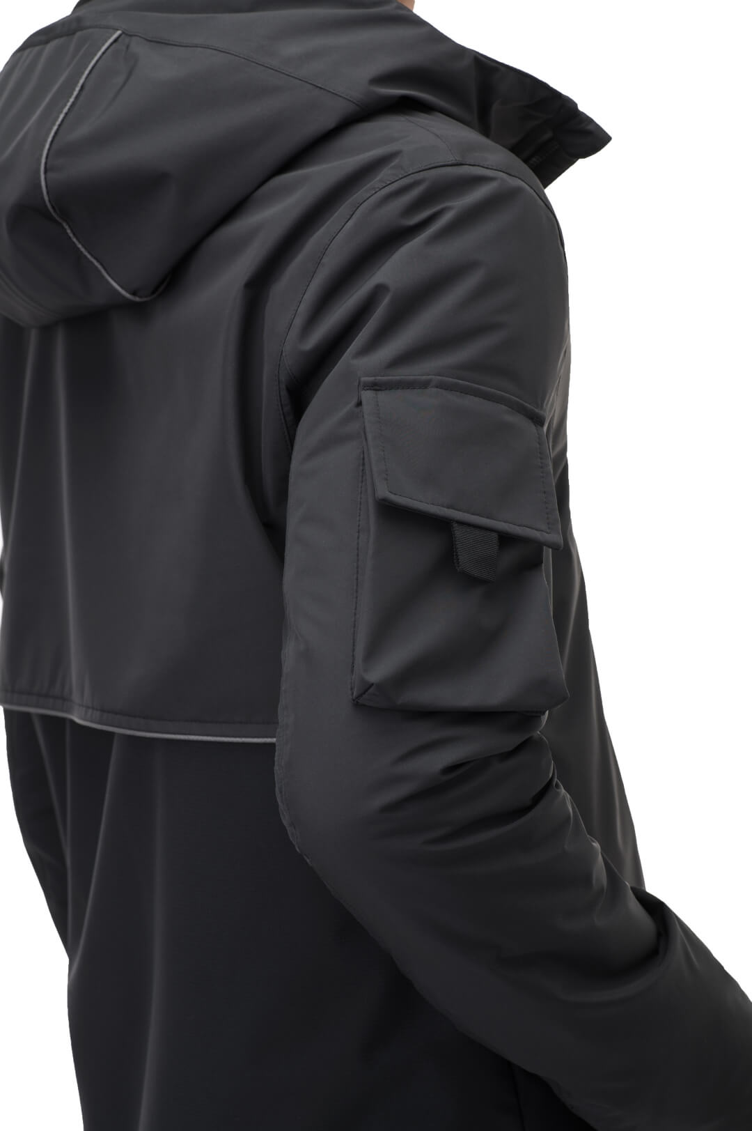 Alta Men's Performance Shell Jacket in hip length, Primaloft Gold Insulation Active+, chest and waist pockets, ventilation under arms, reflective detailing on hood and back, two-way front zipper, and non-removable hood with adjustable drawstrings, in Black