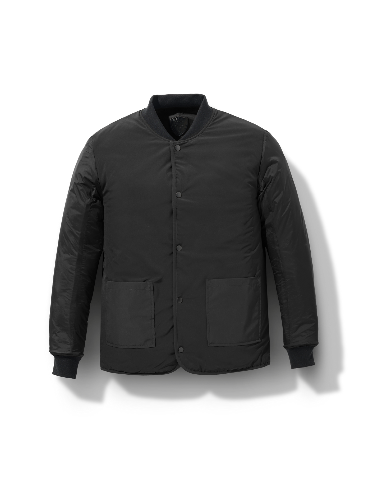 Speck Men's Tailored Mid Layer Jacket in hip length, Primaloft Gold Insulation Active+, diamond quilted body, rib knit collar and cuffs, snap buton front closure, and hidden side-entry zipper pockets at waist, in Black
