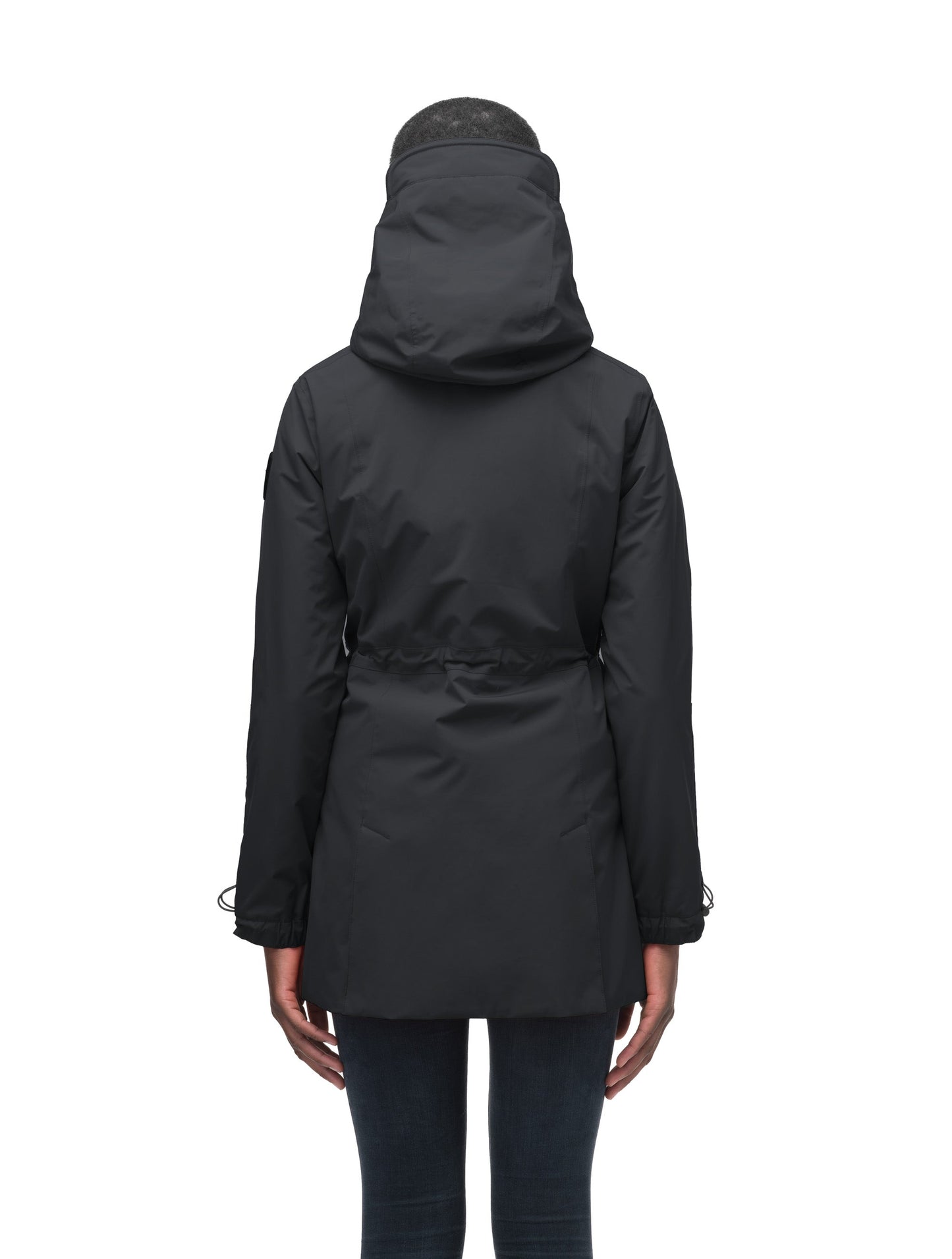 Women's thigh length raincoat with collar and non-removable hood in Black